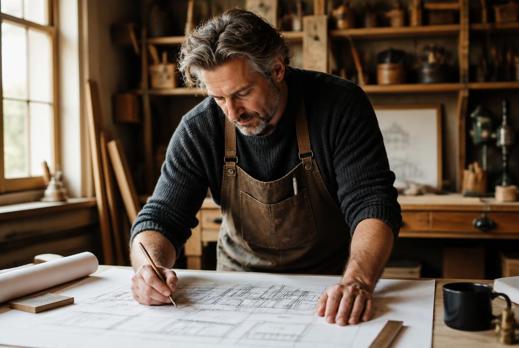 Craftsman reviewing architectural plans in a workshop