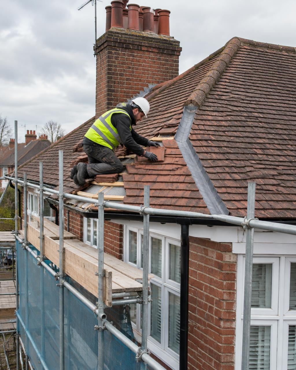 Re-tiled pitched roof on a British home with scaffolding in place