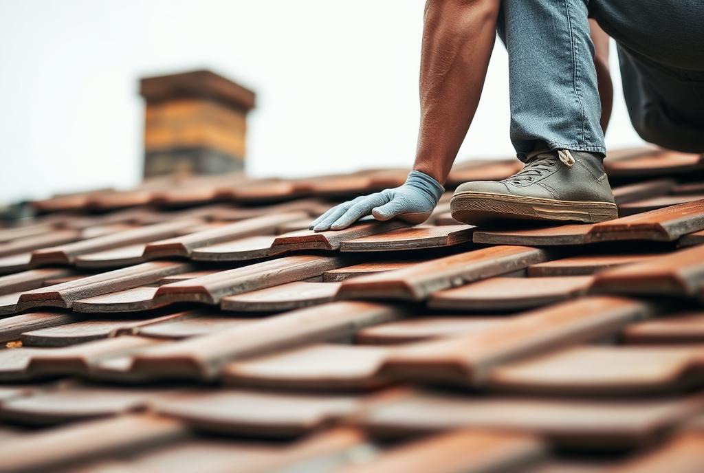 Roofer laying clay tiles on a pitched house roof